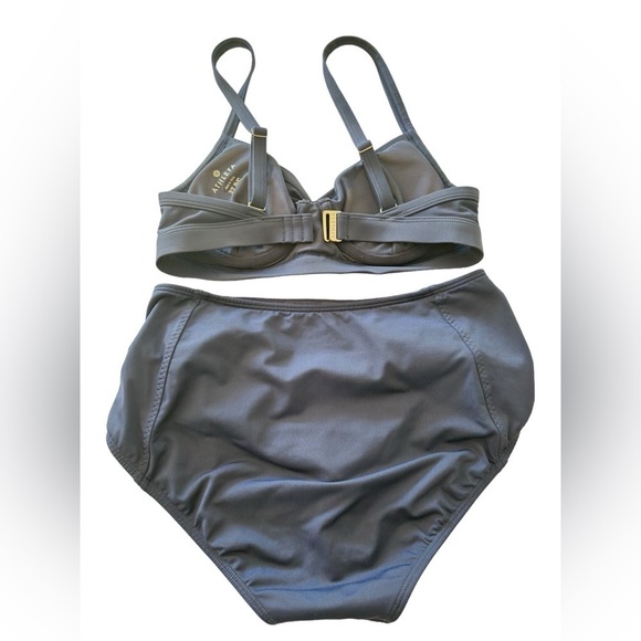 Athlete High Waisted Bikini Knot Scoop Neck Swimsuit Two Pieces Small Navy Blue - Picture 3 of 13